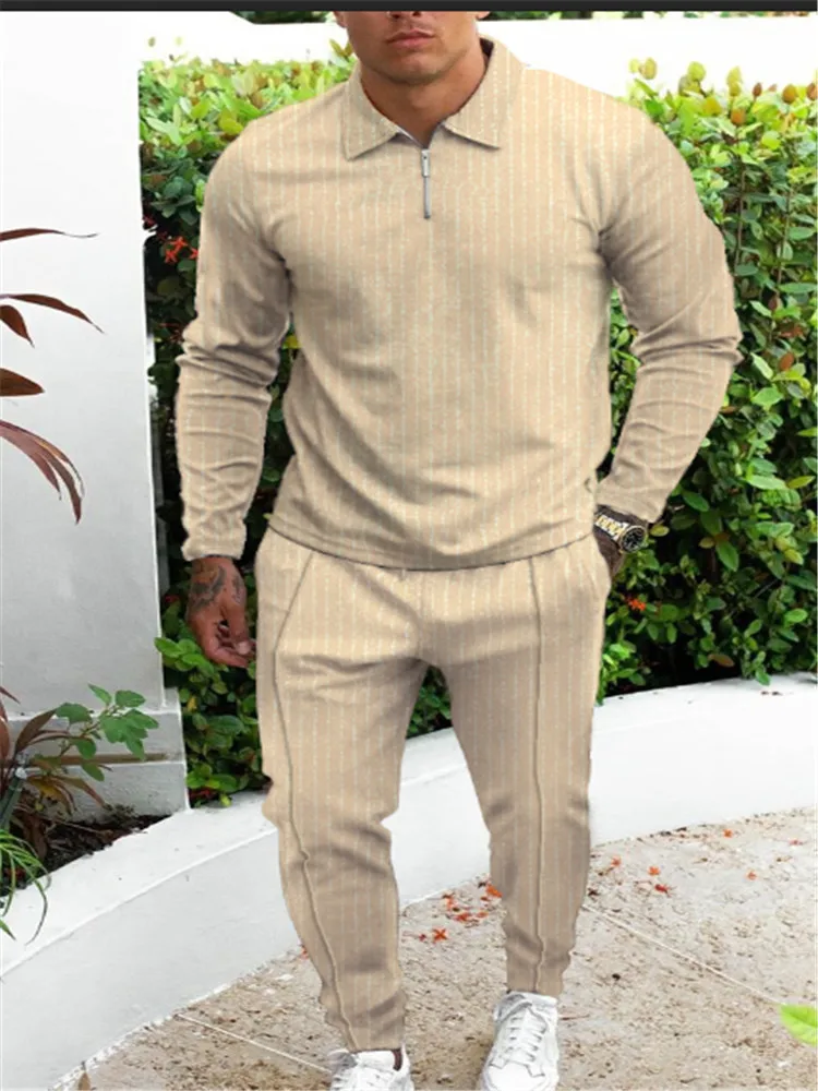 Мужская хлопковая рубашка поло на молнии и брюки с длинным рукавом комплект из 2