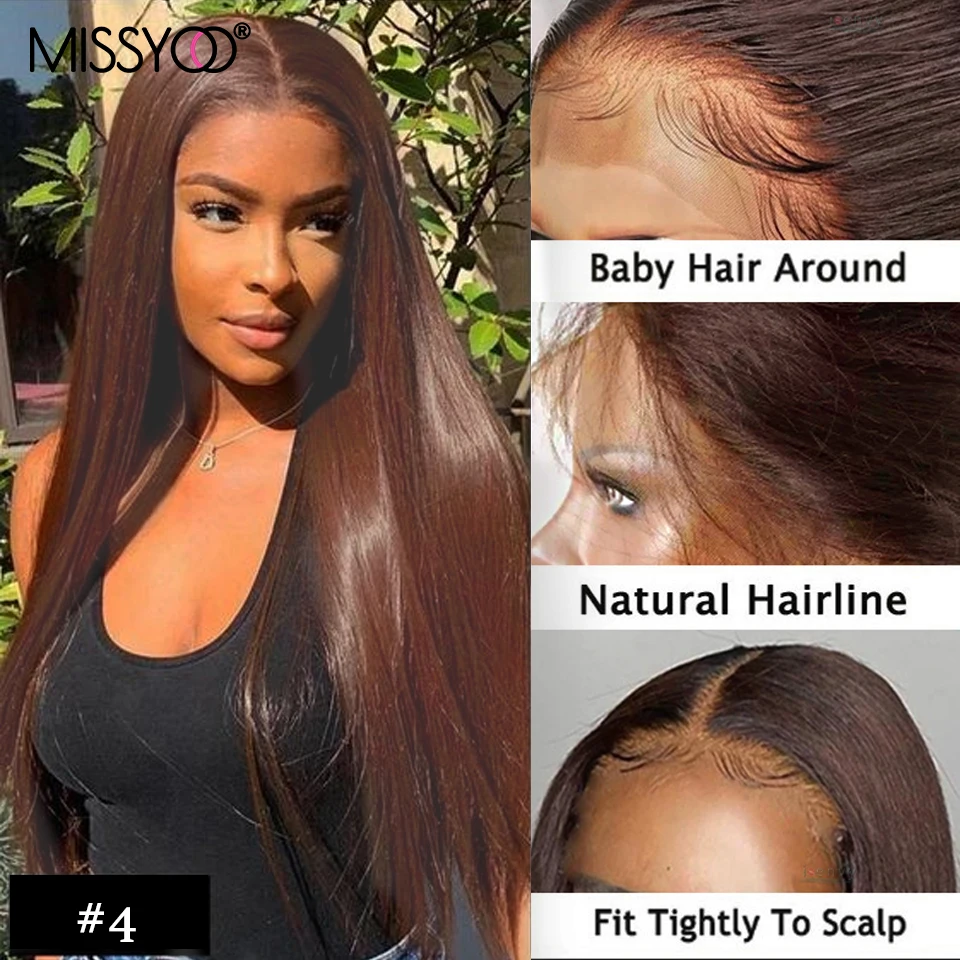Honey Brown Human Hair Wigs 4# Straight 4x4 Lace Closure Wig With Baby Hair For Black Women Brazilian Remy Hair Front Lace Wigs
