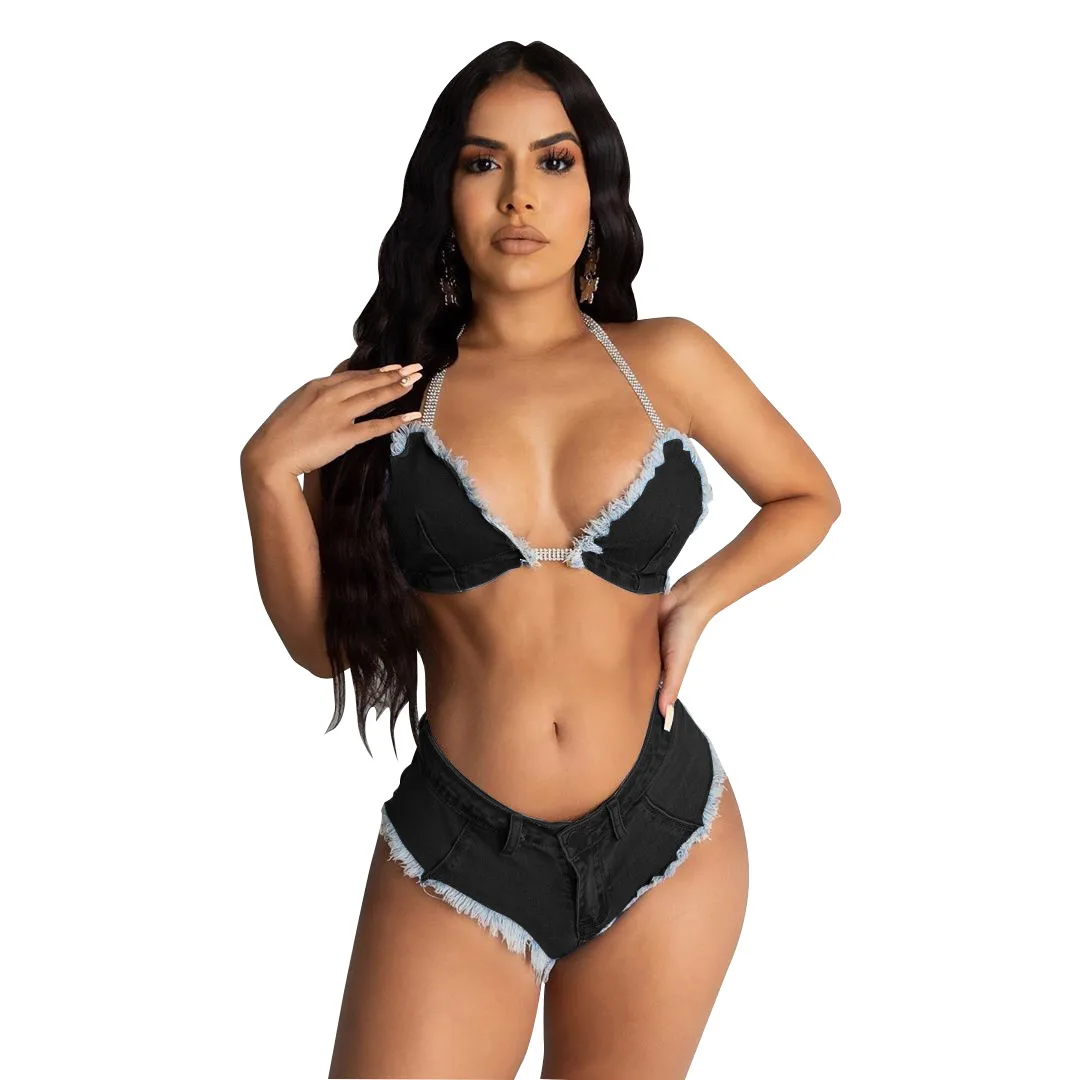 Sexy Jean Swimsuit Women 2 Pieces Set Tassled Denim Halter Drawstring Bra + Mini Shorts Women's Party Club Swimwear Bikini Suit