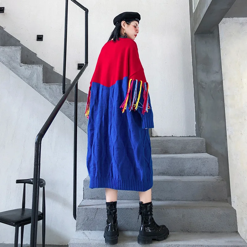 Длинный свитер пуловер женское Контрастное трикотажное платье с бахромой