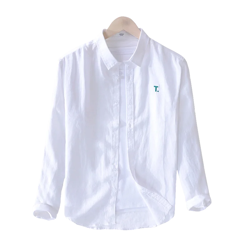 Мужская рубашка с длинными рукавами из 100% льна белая Повседневная футболка