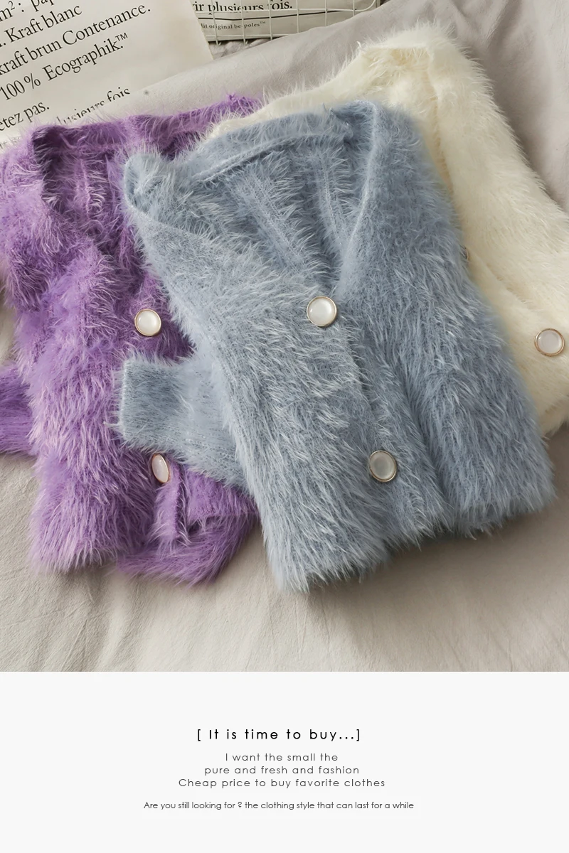 

Winter Women V-neck Single Breasted Cardigans 2020 New Fashion Long-sleeved Open Stitch Sweaters Outwear Mohair Jacket Coats