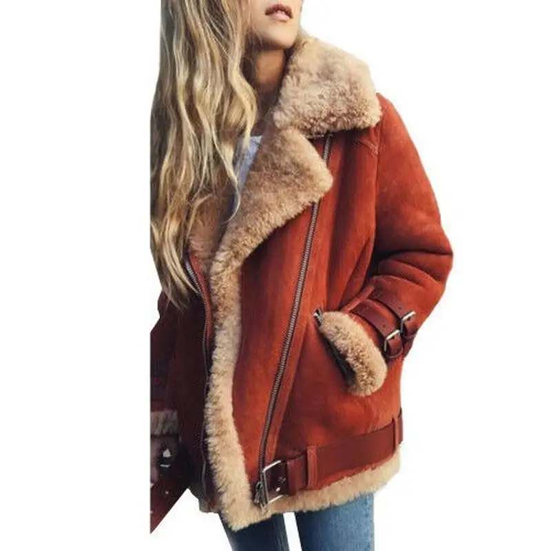 

Womens Fleece Fur Biker Zipper Jacket Solid Color Warm Lapel Fluffy Overcoat Plus Size