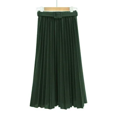 

Bright Silk White Womens Skirts Spring Autumn Simple Pleated Midi Skirt Women Long Elastic Waist Skirt Femme With Belt