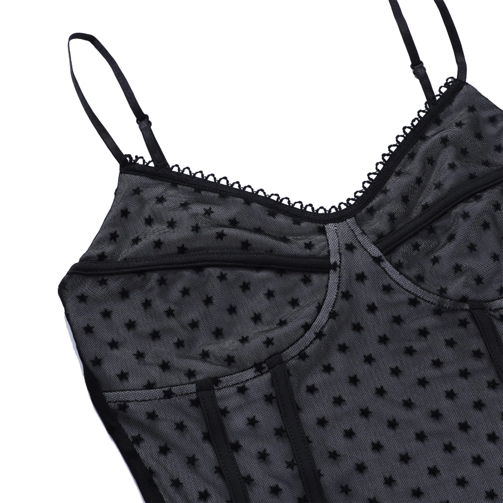 

Women Summer Bodysuit Tops, Full Stars Print Sheer Spaghetti Strap V-Neck Sleeveless Sling Playsuit for Girls, Black