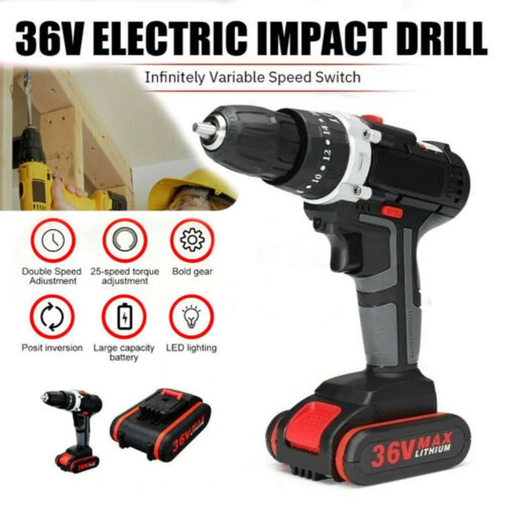 

36V Electric Impact Drill 25+3 Torque Stage Cordless Drill Wrench Wireless Electric Drill Set with LED 2 Speeds +Battery