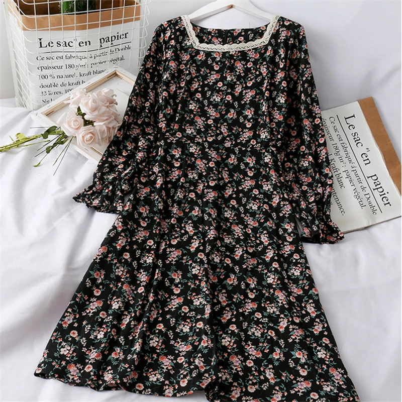 Женское винтажное платье миди с квадратным вырезом длинным рукавом и высокой