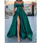 Длинные атласные платья в пол, с открытыми плечами, изумрудно-зеленые, с разрезом для ног, с V-образным вырезом