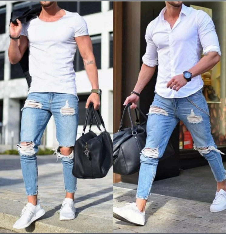 

Men New Elastic Torn Tight-fitting Jeans Locomotive Ripped Hole Recording Slim-fit Denim Scratched High-quality Designer Pants