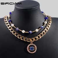 layered blue evil eye pearl beaded necklace for women gold color cuban link chain unique crystal charm choker femme new jewelry