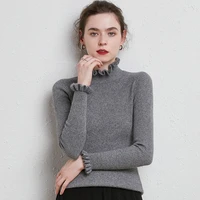2021 autumn and winter new half turtleneck sweater womens ruffled knit sweater wood ear collar slim slimming inner base shirt