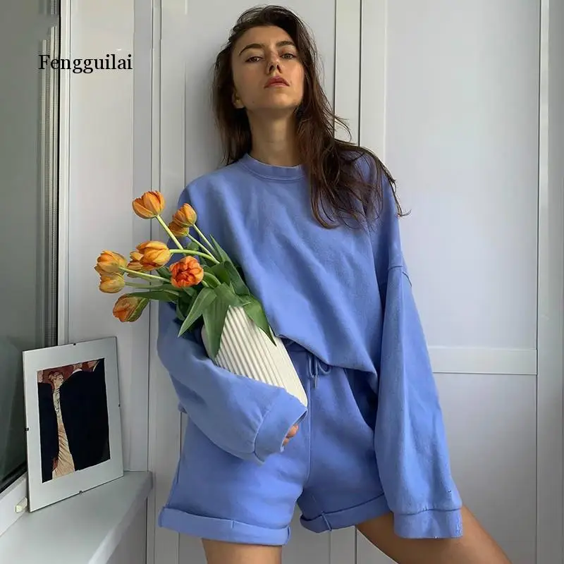 

Casual Women Tracksuit Two Piece Set Oversize Sweatshirts and Shorts Sportswear Outfit Solid 2 piece Set Summer Autumn