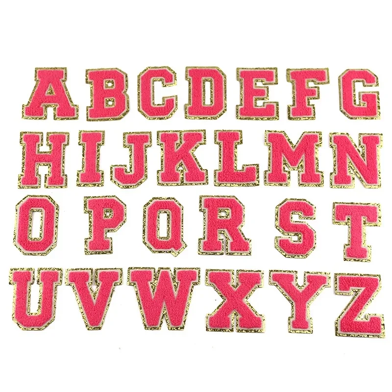 

2021 New 3D Neon Pink A-Z 26 Letters Glitter Chenille Embroidered Patches Iron on Alphabet Letters Embroidery Applique