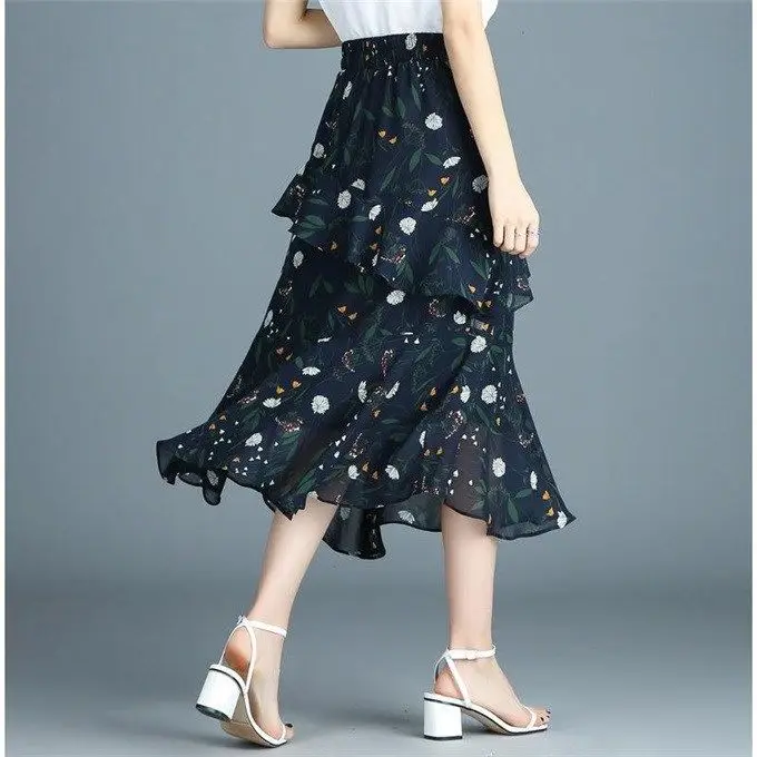 

Chiffon Skirt Women's Summer Long 2020 Floral Skirt High Waist Irregular Ruffle Dress Woman Skirts Mujer Faldas Saias Mulher