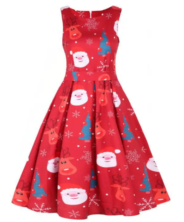 

Women O Neck Sleeveless Christmas Dress Black Summer A Line Slim Elegant Midi Dress Vintage Cartoon Print Dresses Party Vestidos