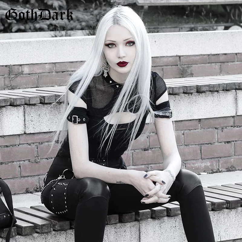 Женская футболка в сеточку Goth Dark, элегантная черная блузка в готическом стиле, открытый летний топик с вырезами