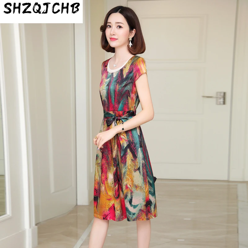 

SHZQ Printed Waist Closed Silk Dress Women's Medium Length 2021 Summer New Mulberry Silk Skirt Slim Lace Up