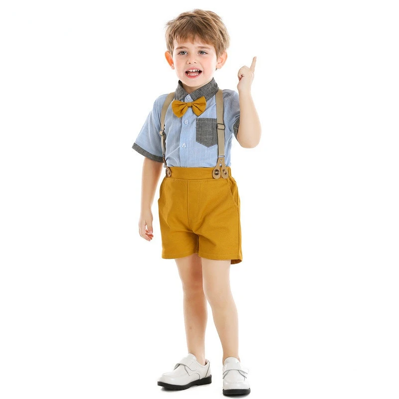 

Children Boys Clothing Set 2020 Cotton Short Sleeve Shirt with Bowtie+Overalls OutfitsToddler Boys Gentleman Clothes