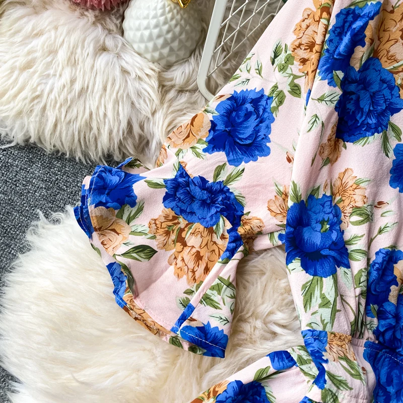 Женское шифоновое платье с широким рукавом летнее цветочным принтом и оборками