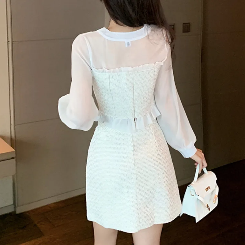 

2021 Spring Autumn New Sweet Korean Elegant Two Piece Set Women Bow Tweed Patchwork Chiffon Blouse Shirt Top + Mini Skirt Suits