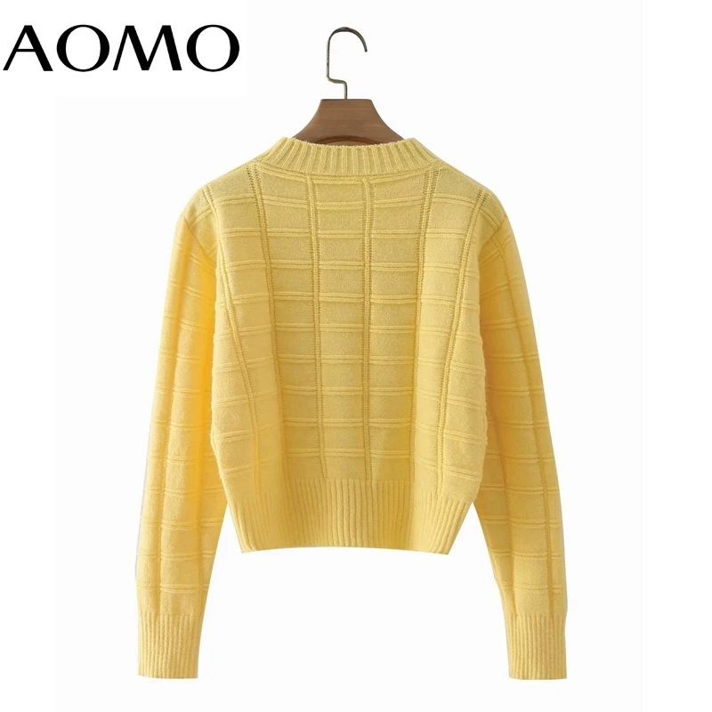 

AOMO Women Yellow Plaid Knitted Sweater Jumper Female Elegant Pullovers Chic Tops 3F29A