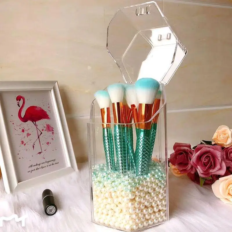 Transparent Acrylic Makeup Brush Storage Tube Fine Pearl Box Pen Holder Desktop Dustproof Without | Дом и сад