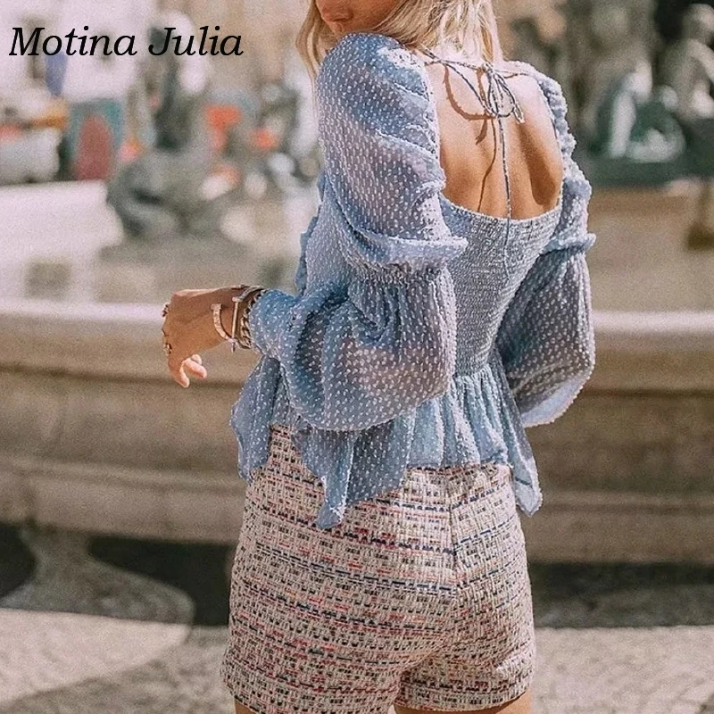 Motina Julia 2019 синяя шифоновая жаккардовая блузка женская рубашка с квадратным