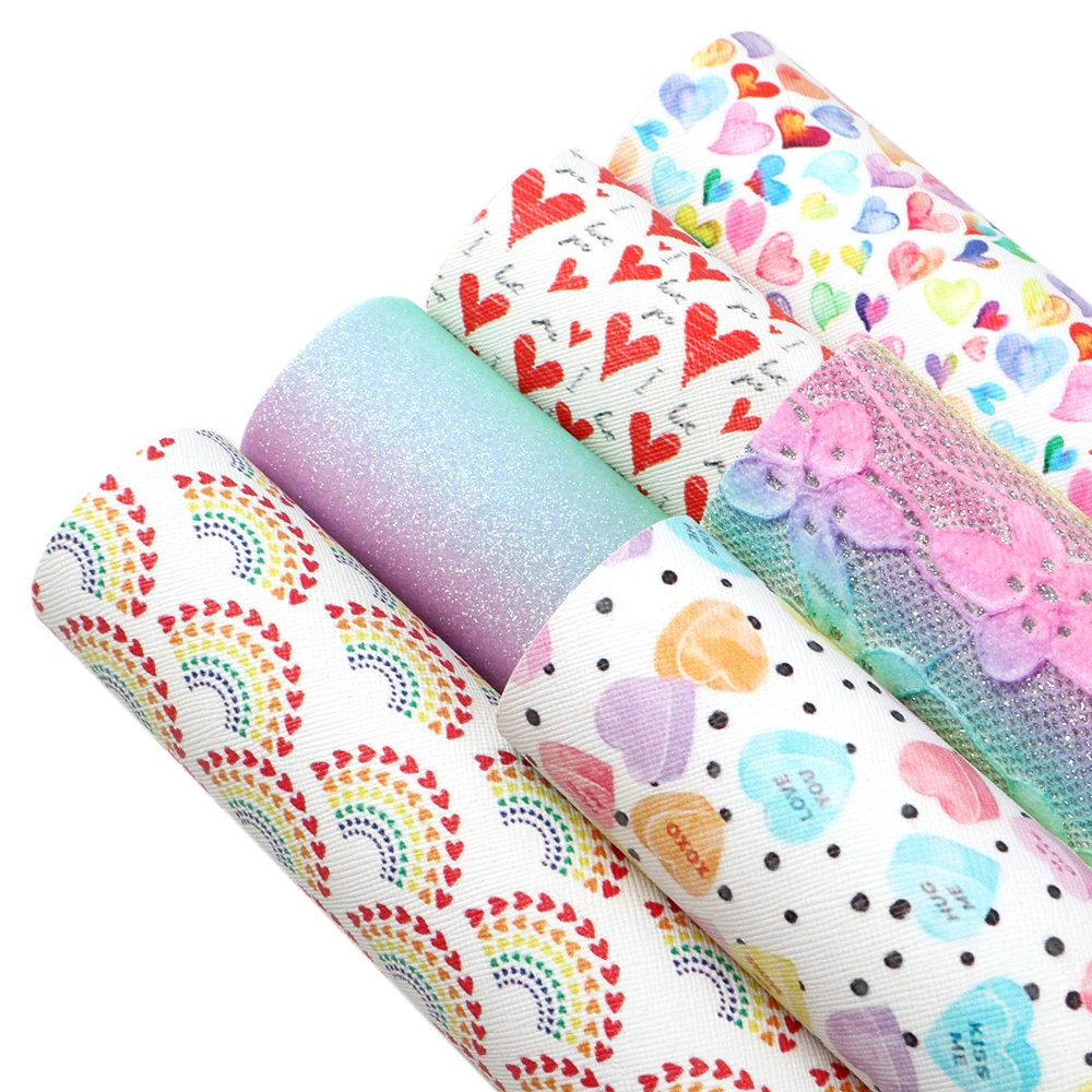 

6pcs/set Love Heart Rainbow Assorted Printed Faux Leather Sheet Vinyl Fabric For Making Handmade Textile Crafts,1Yc9880