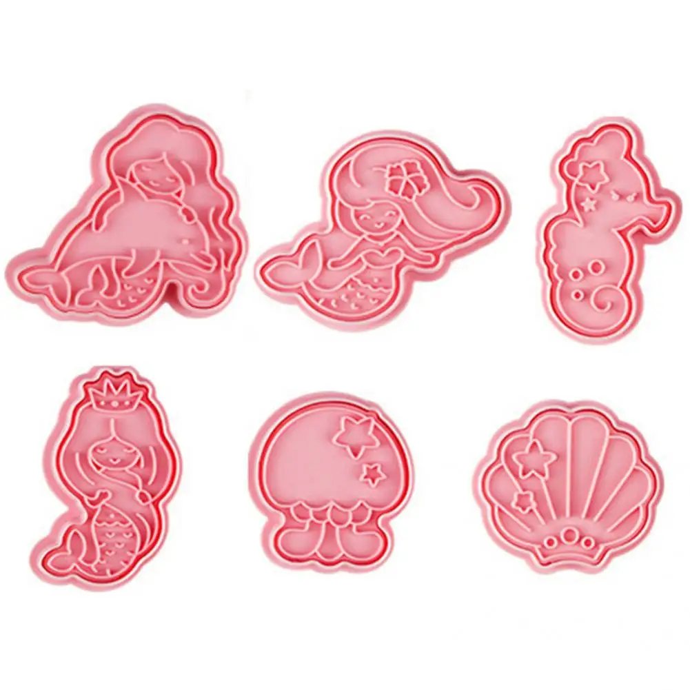 

3D 6Pcs/Set Useful Mermaid Cookie Stamps Plastic Biscuit Mold Easy to Demold for Bakery