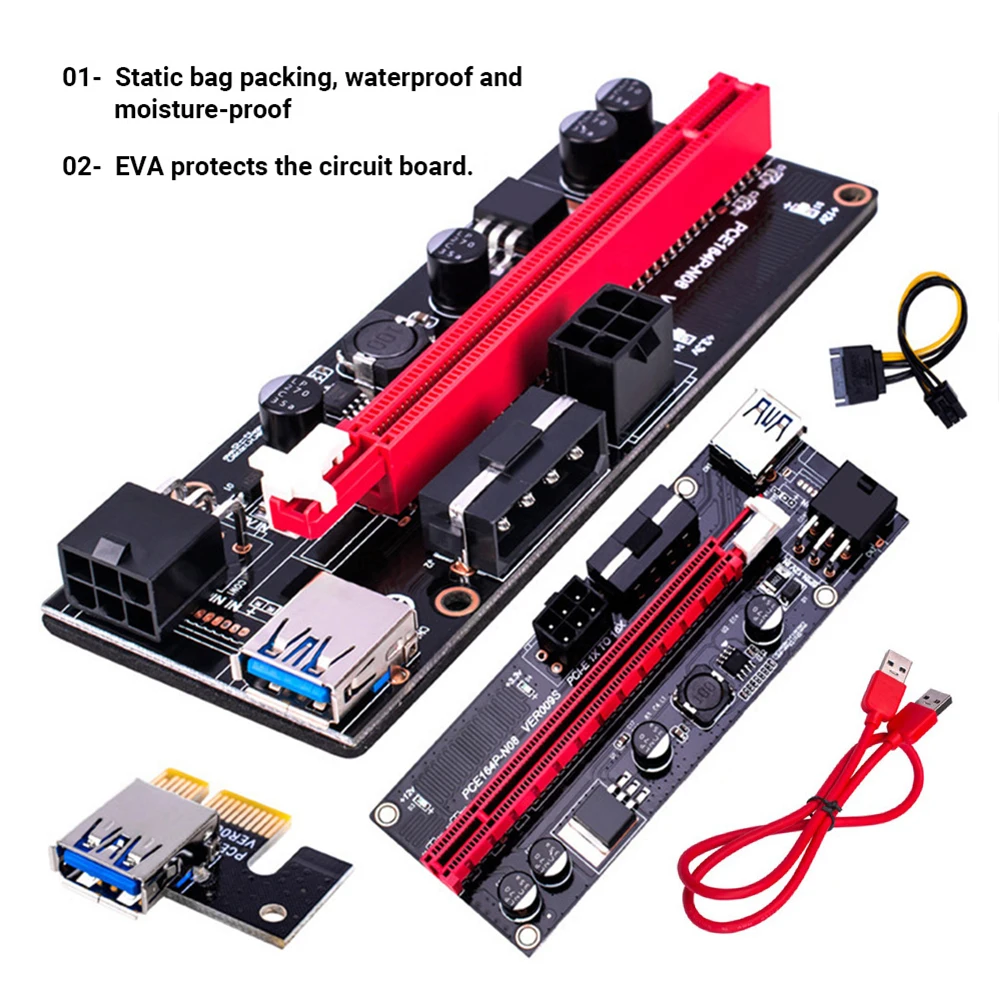 

1Set PCI Express Riser Card USB 3.0 Cable PCI-E 1X to 16X Extender Adapter 4Pin 6Pin Power for GPU Mining Miner