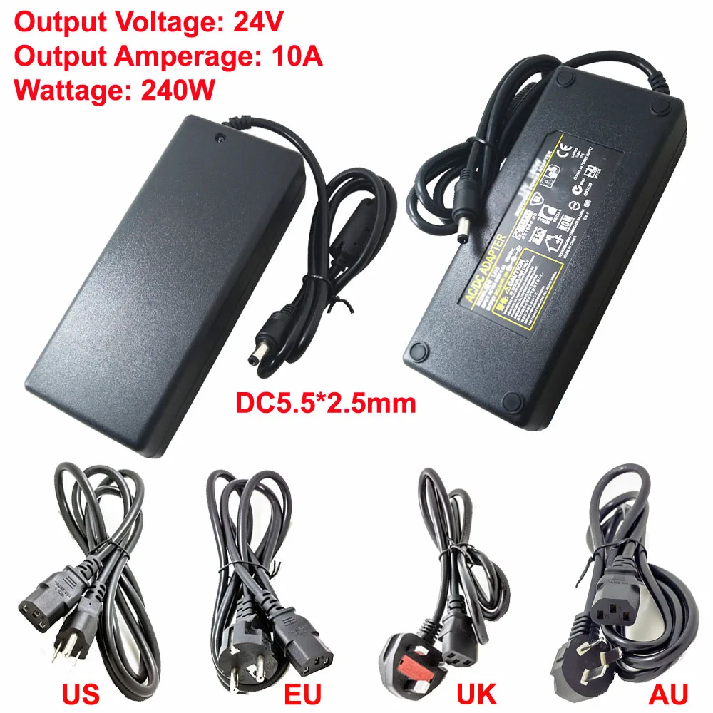 

Desktop Power Supply Adapter Transformer 110V-240V To DC 24V 10A 240W 5.5x2.5mm Connector Include US/EU/UK/AU Plug Cable