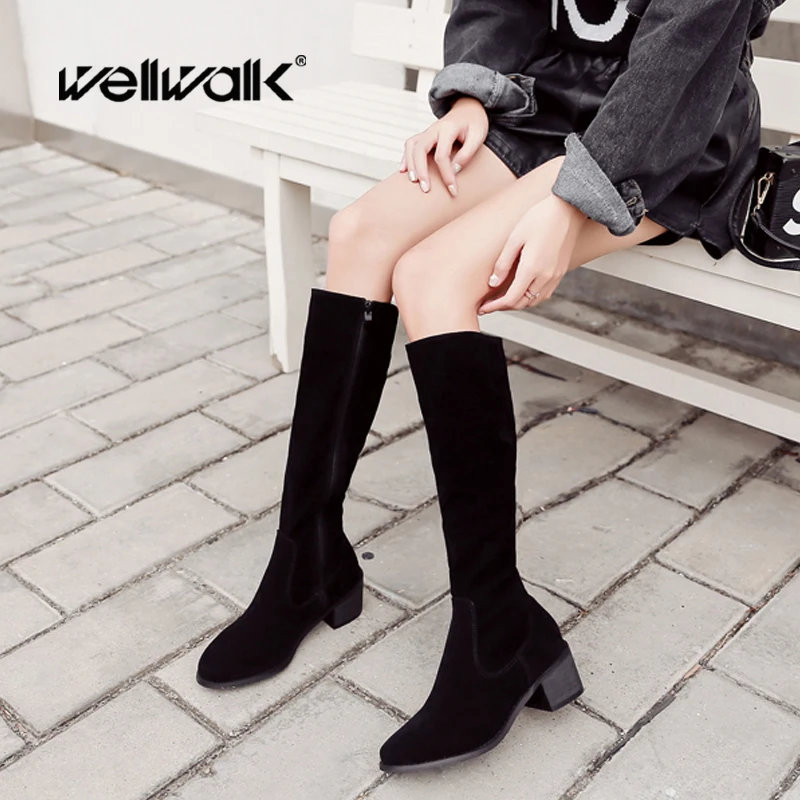 Wellwalk/черные сапоги до колена из искусственной замши женские тканевые ботинки