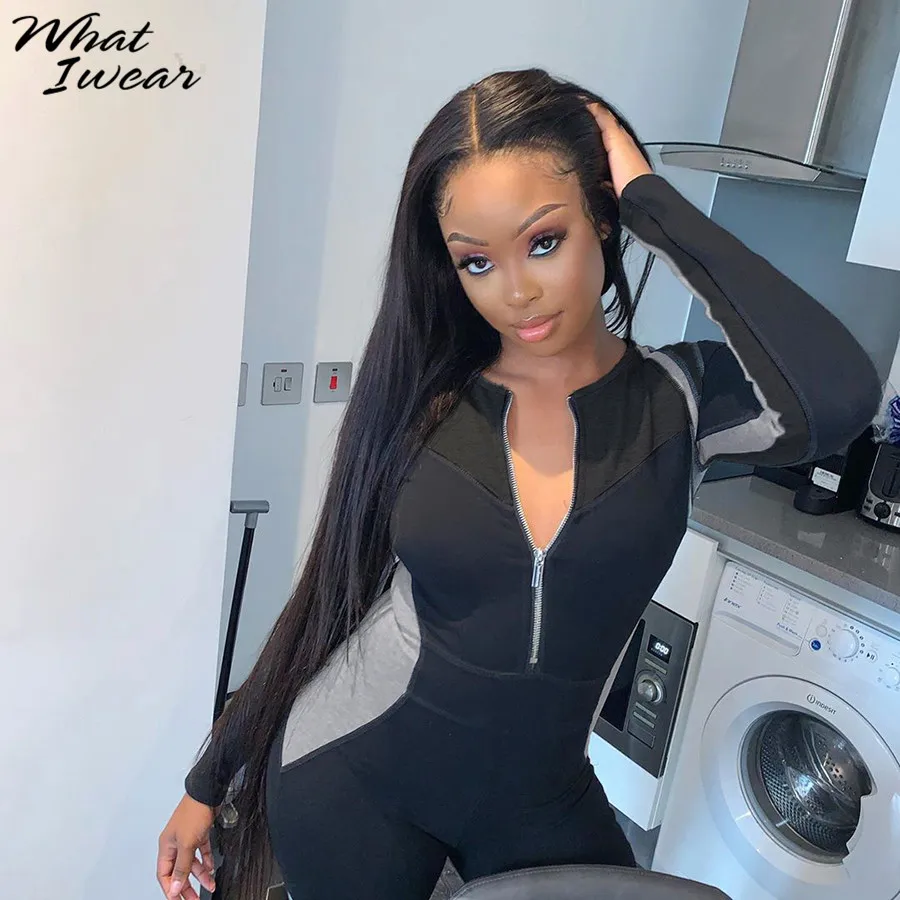 

Autumn Patchwork Zipper Long Sleeve Stretchy Jumpsuit Women Skinny Rompers Workout Bodysuit Full Length Outfit Sportwear Female