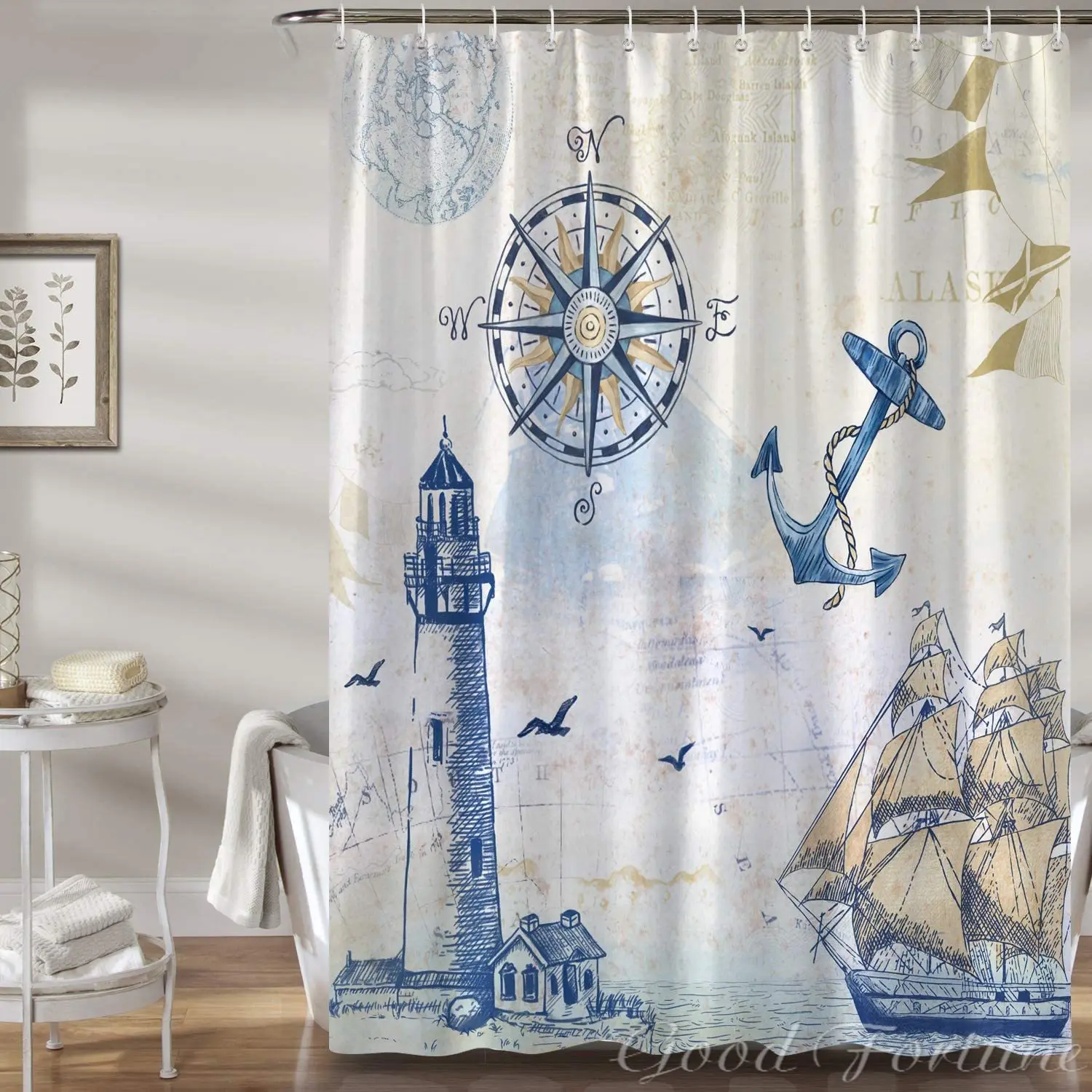 

Nautical Sailboat Lighthouse Compass Anchor Decorative Bath Curtain Fabric Bathroom Accessories