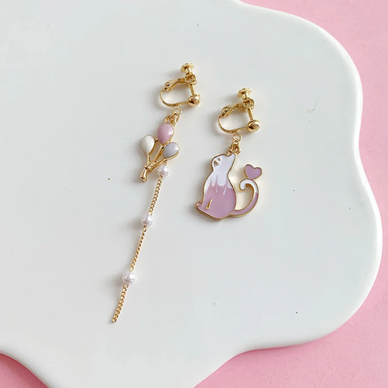 2019 Korea New Gold Color Asymmetric Animal Elephant Rabbit Bear Cat Ear cuff No Piercing Pearl Long Clip Earrings For Women | Украшения и