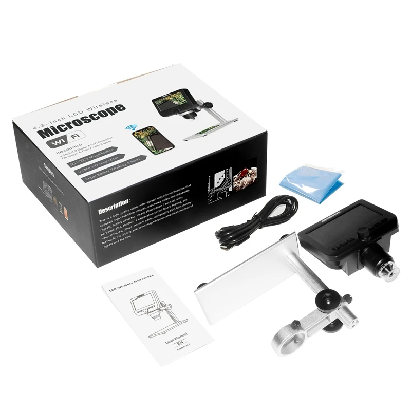 Hlzs-перезаряжаемый 1000X цифровой беспроводной Wifi микроскоп 4,3 дюймов 1080P ЖК-экран 8 Led 2Mp камера лупа для Ios Android Wi-Fi