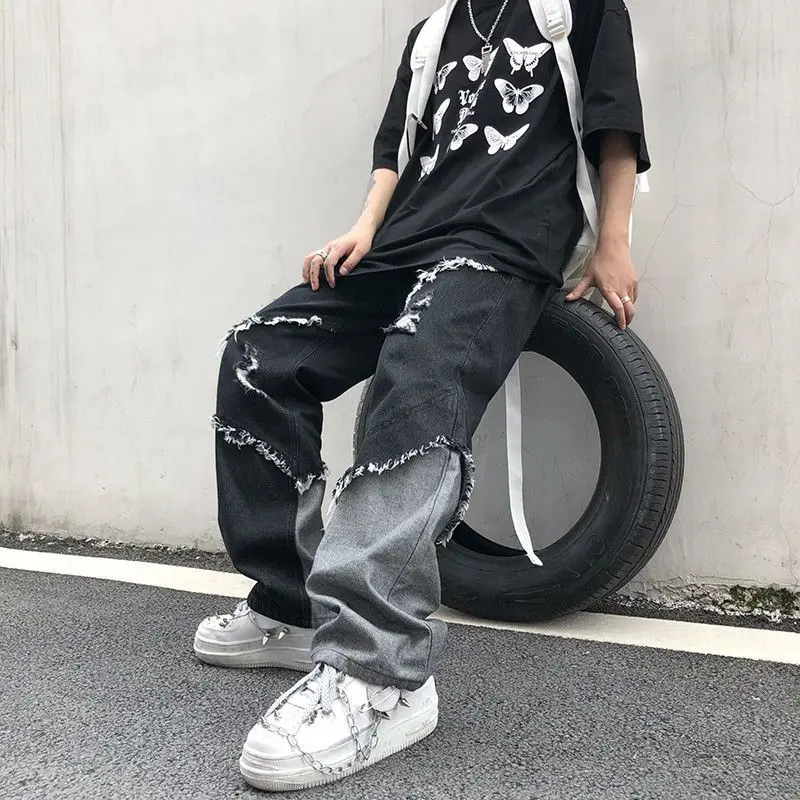 

Harajuku Contrast Jeans Men's Trousers Korean Style High Street Loose Patchworked Couple Pants With Raw Tassel Edge Unisex Jeans