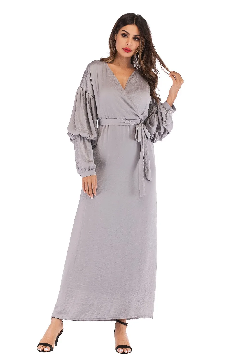 Женское приталенное платье в мусульманском стиле с v образным вырезом и длинными