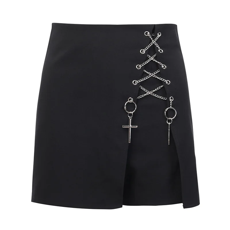 GOTH GIRL Punk Dark Skirt Women High Waist Fake Two Piece Shorts with Chain Pendant Gothic Street Fashion Black Short Girl | Женская