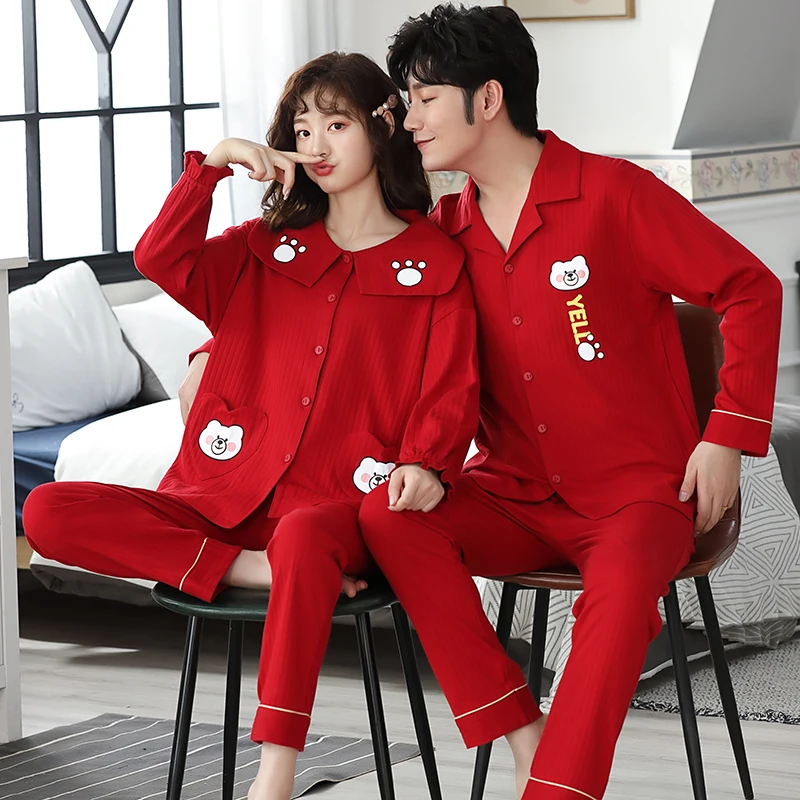 

Lover's Cotton Sleepwear Women Pajama Set Couple Home Suit Cardigan Pijamas Casual Homewear Loose Pyjamas 2PC