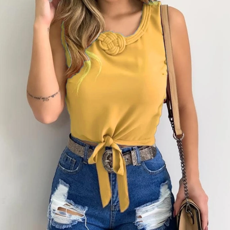 

2021 Summer Style Vogue Women Knit Floral Sleeveless Blouse O Neck Slim Fitted Shirts Casual Bow White Blouse Tops Tees