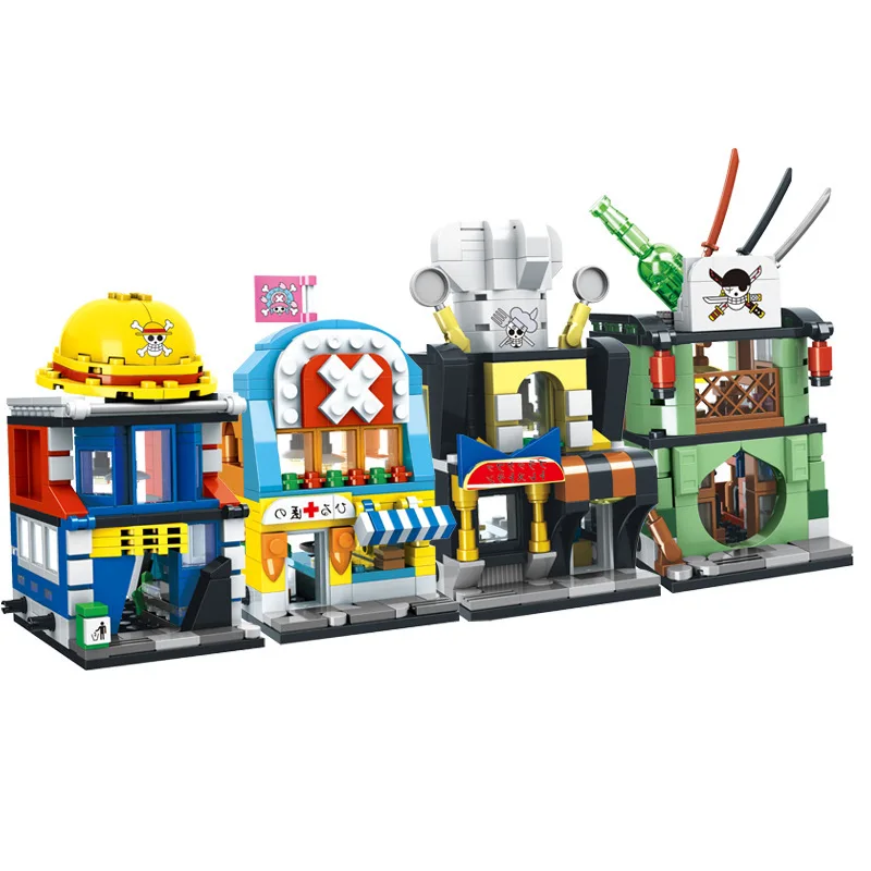 

4 In1 Set Japan Cartoon Luffyed City Street View Building Blocks Architecture House Retail Store Shop Model Bricks Toys