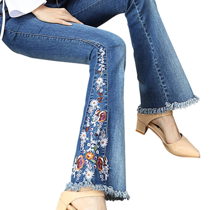 

Женские винтажные джинсы с цветочной вышивкой, Облегающие расклешенные эластичные джинсы в китайском стиле с высокой талией, Y675, весна-осен...
