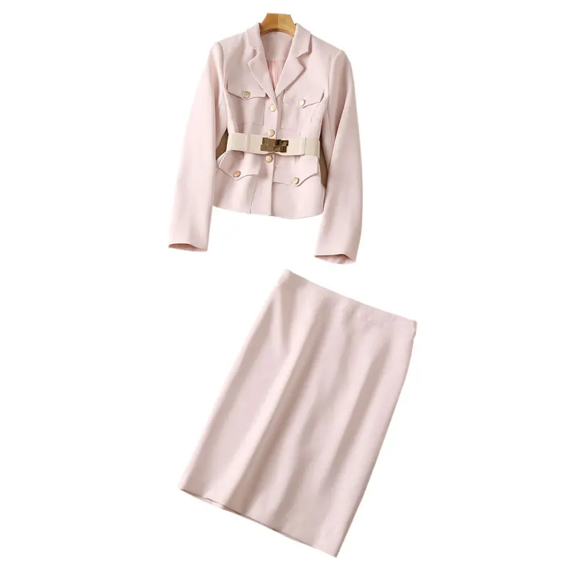 

Pink Office Set Buttoned Flap Pockets Buckled Belt Suit Top + Knee Length Pencil Skirt