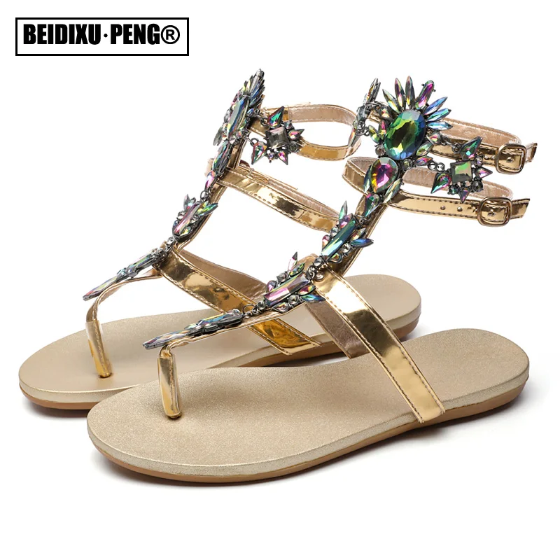 

Sexy Gladiator Flat Heel Slippers Sandals Gold T-strap Rhinestone Diamond Bandage Women Summer Party Shoes for Female Ladies