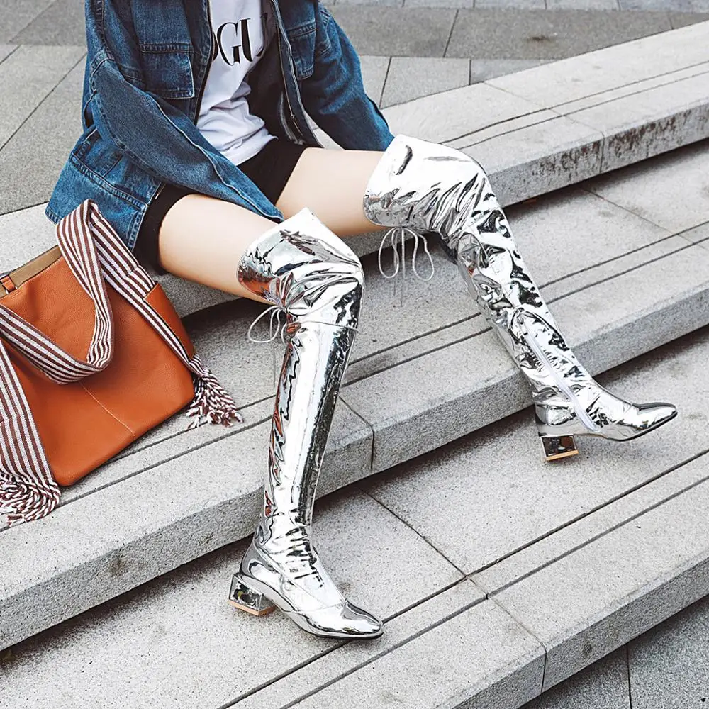 Женские высокие сапоги из лакированной кожи большие размеры до бедра | Обувь