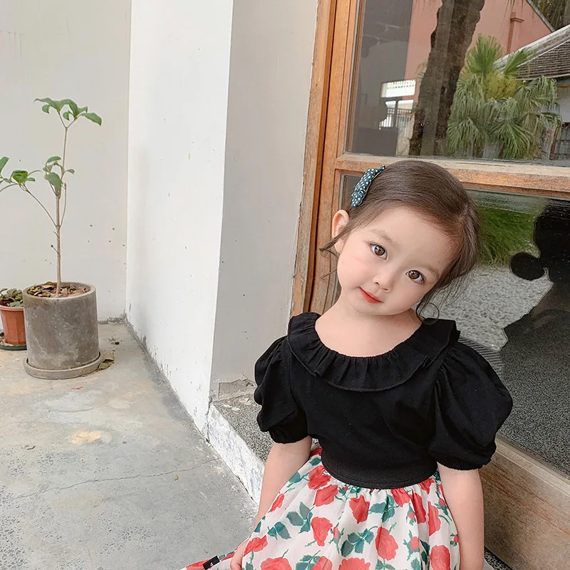 

Korean style summer baby girls solid color short sleeve T shirts cotton linen backless loose casual Tops children clothing