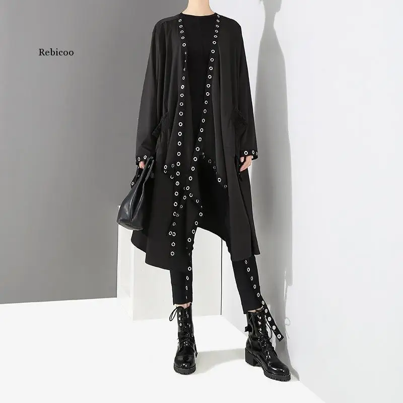 

New Korean Woman Solid Black Unique Cape Style Jacket Open Design Big Size Long Tape Metal Holes Ladies Loose Jacket Cloak