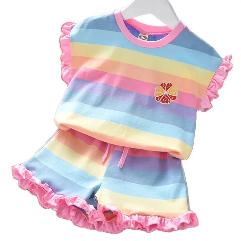

2021 Summer Kids Girls Clothing Set Short Sleeve Rainbow Striped T-Shirt And Shorts Two-Piece Set Children Clothes Suits