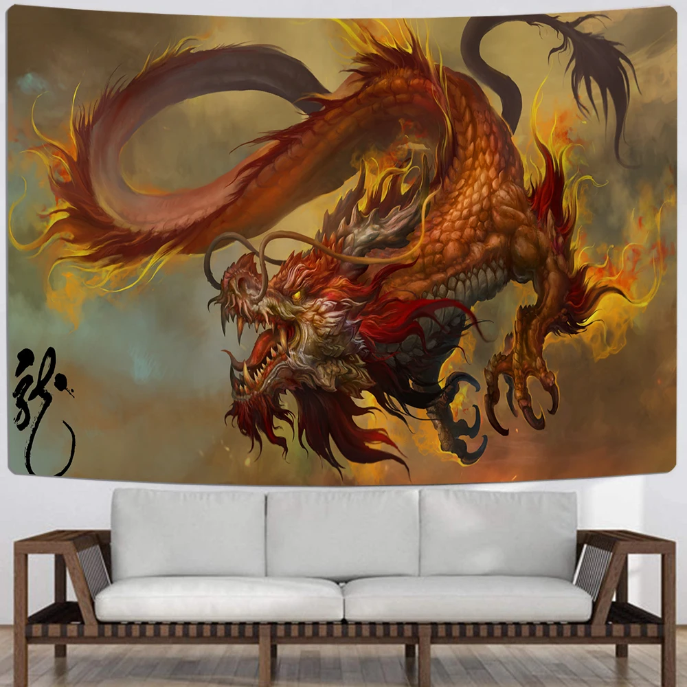 Настенный гобелен в китайском стиле с изображением красного дракона | Дом и сад